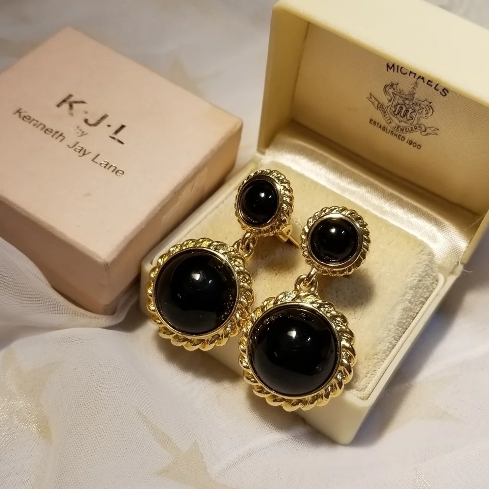 Vtg KJL Kenneth Jay Lane Black Gold Earrings